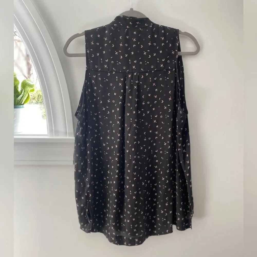 Free People High Low Hem Tank Top Black Sleeveless Printed Blouse Tie Womens L